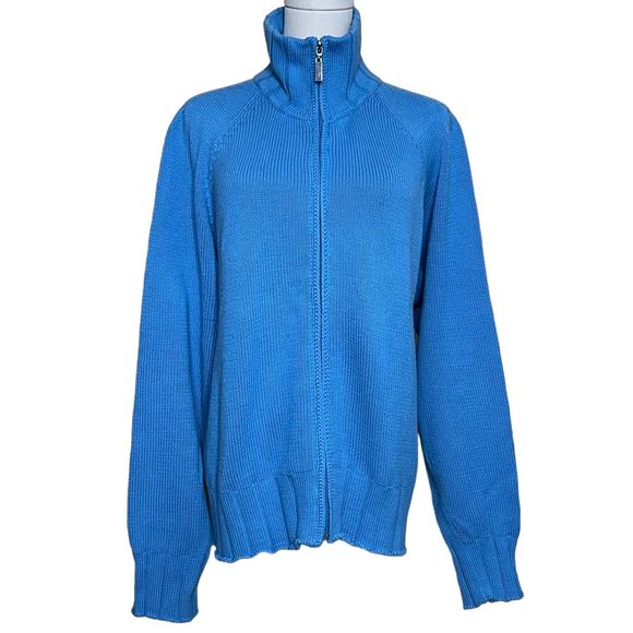 Vintage ALPS Knit Full Zip Sweater Cardigan Women's L Blue 100% Cotton High Neck - Picture 3 of 10